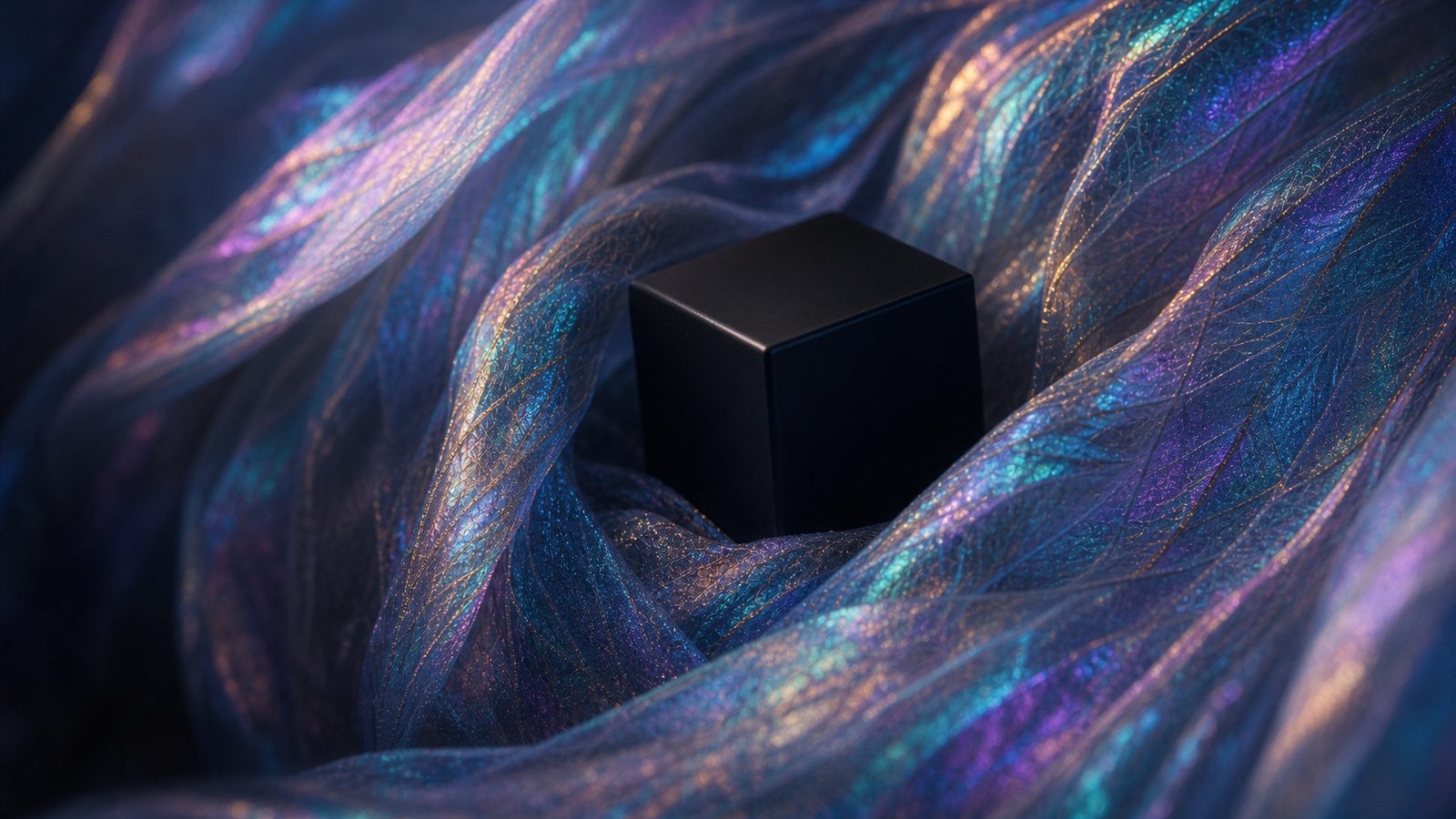 A small black cube nested in folds of iridescent fabric, the weave shimmering violet and silver around its matte faces.