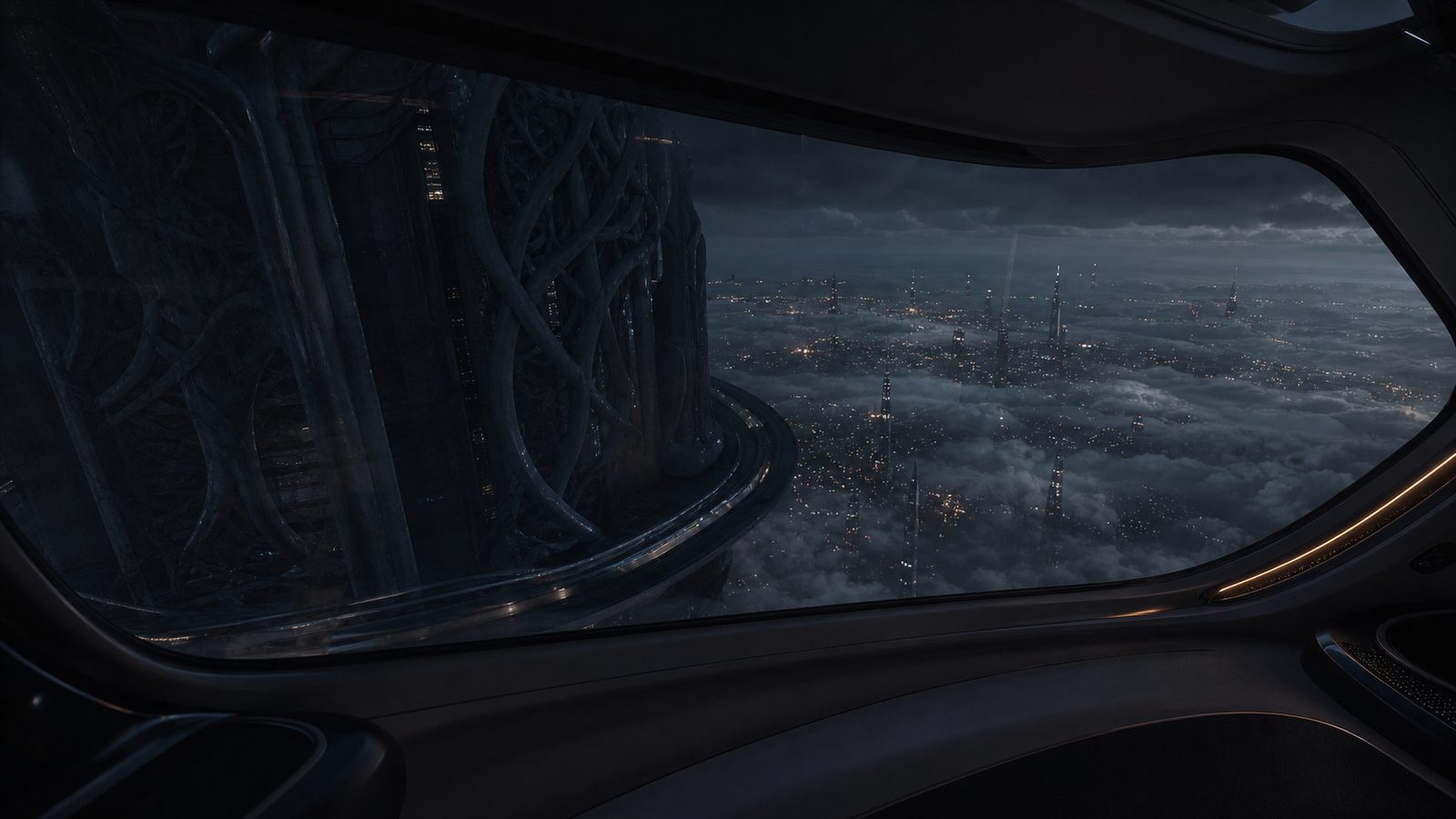 The pod interior gone dark at the Apex boundary: through the window, the black mass of the tower and the city far below, alive with moving points of traffic light.