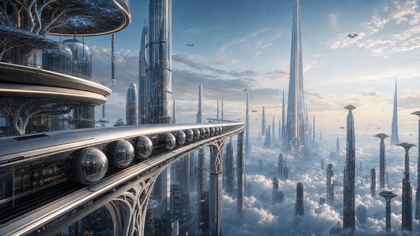 A magtrain crosses an elevated rail between glass spires above the cloud sea, a row of spherical passenger pods clamped along its spine, towers and air traffic hazed in the morning light.
