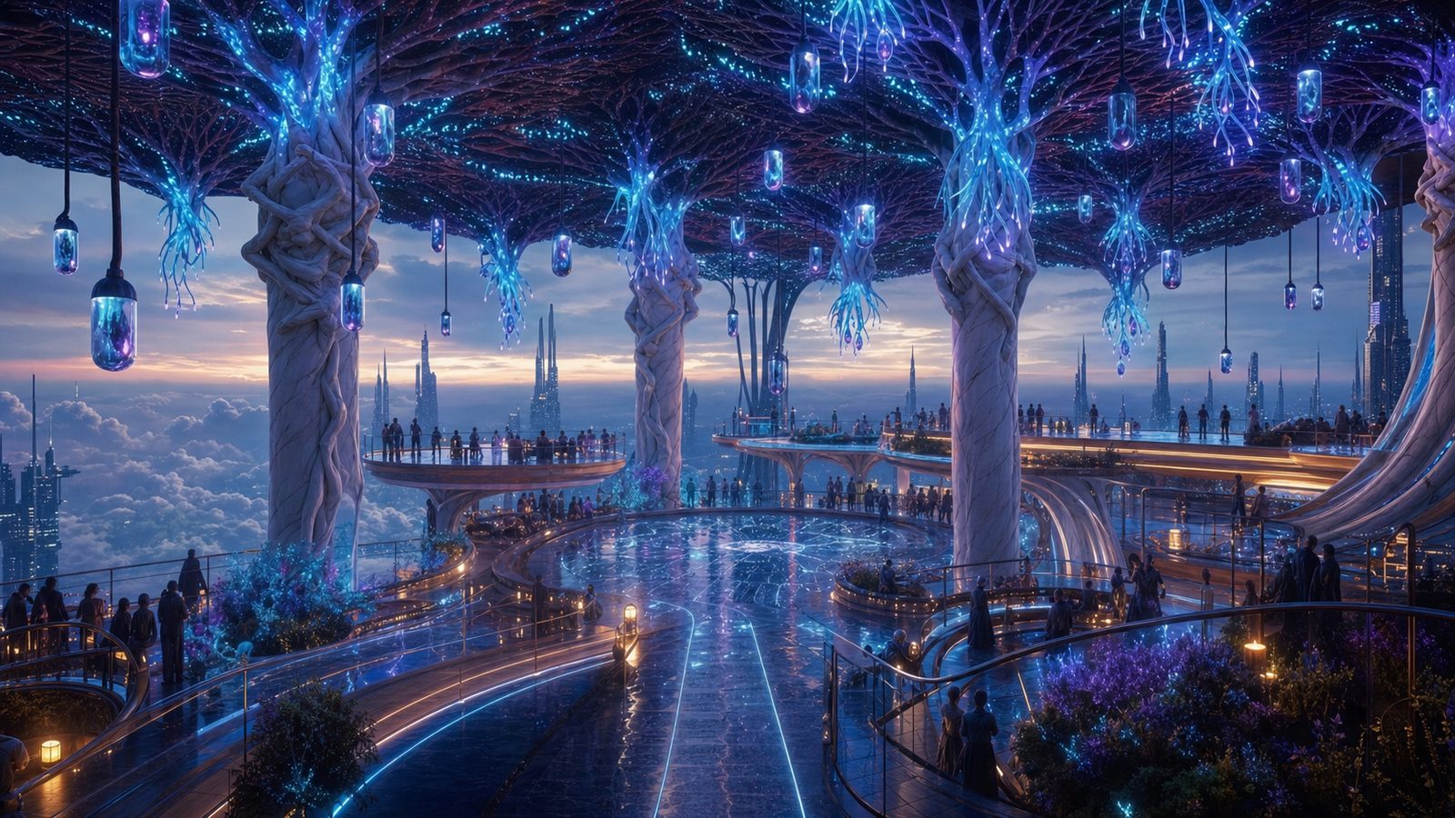 The Menagerie terrace under a living canopy of inverted coral trees, glowing capsules hanging like strange fruit, guests scattered across terraced levels above the open sky.