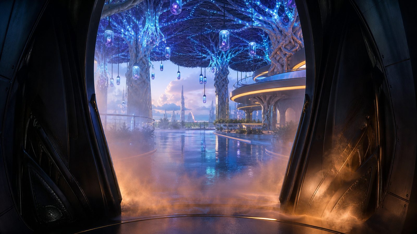 The capsule doors open on the Menagerie threshold: orange-tinted mist creeps across a polished floor, and beyond it bioluminescent coral trees glow over a terrace open to the sky.