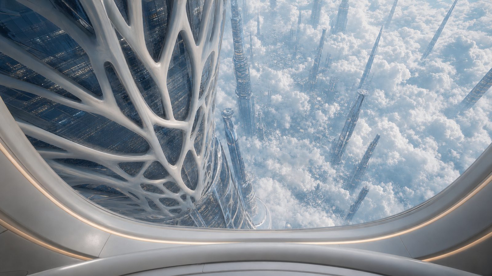 Through the pod's curving window the white structural lattice sweeps past, and below it the cloud sea stretches unbroken to the horizon, pierced by distant spires.