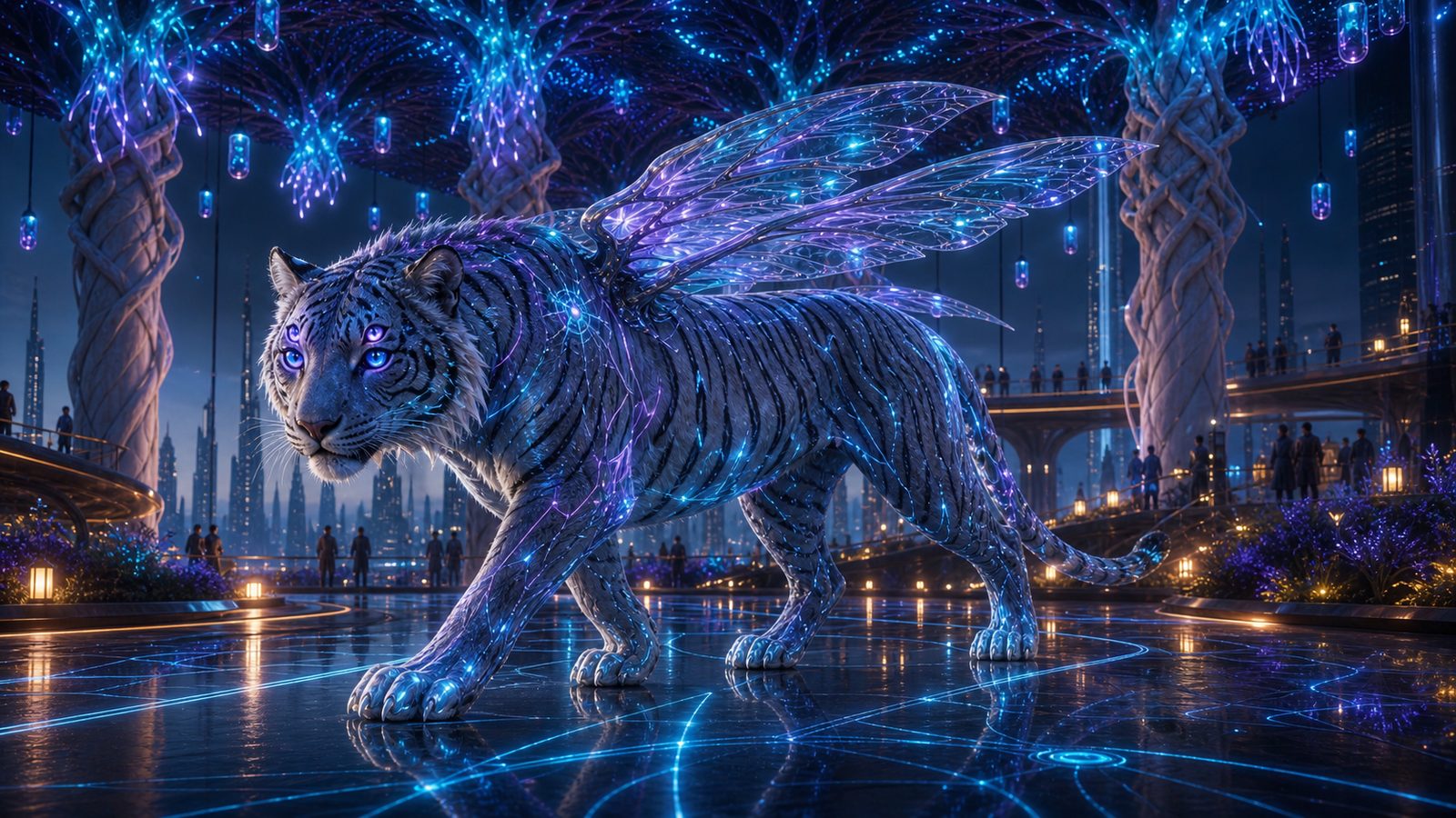A synth-tiger prowls the photon-reactive floor, circuit-veined wings folded along its back, every footfall scattering light across the glass.