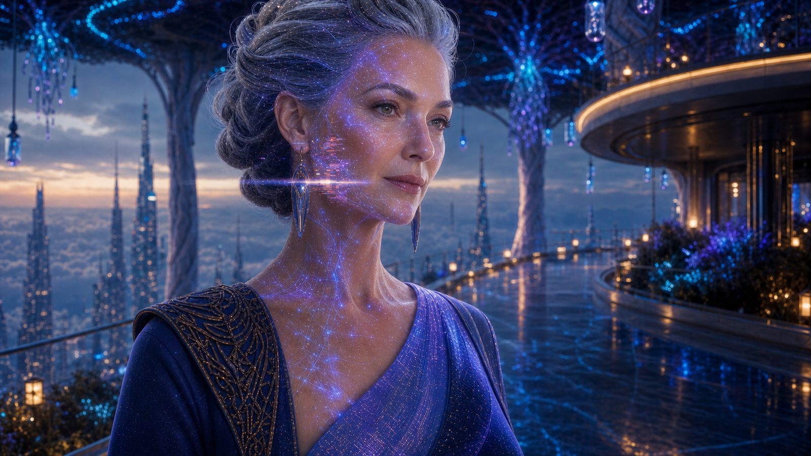 Thera-Luun in close portrait, silver hair swept up over jewelled holo-skin, her projected face crossed by a faint horizontal band of glitch.