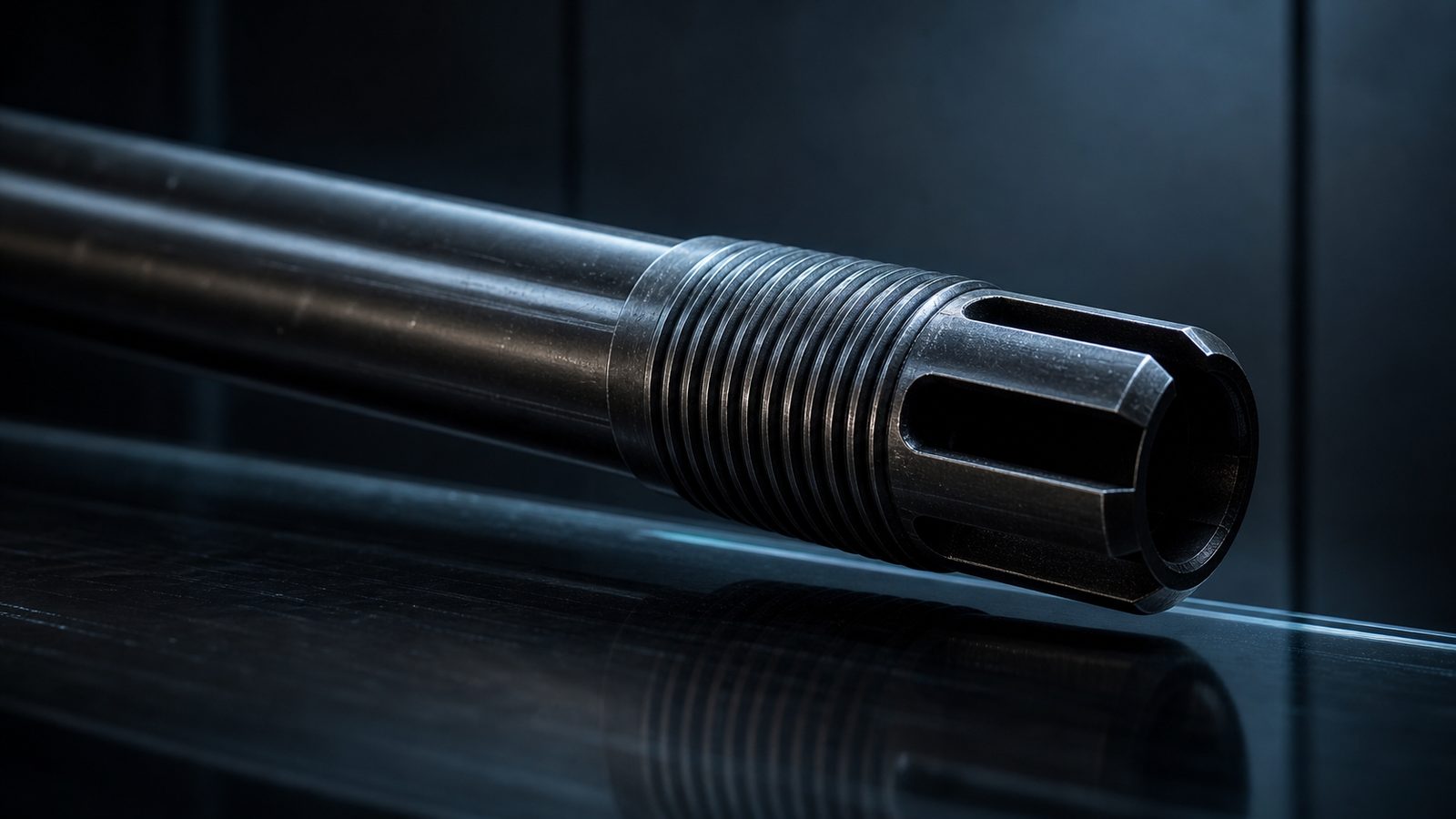 Macro of the rifle barrel on a dark bench: cold alloy, precision-machined threading at the muzzle, a thin line of reflected light along its length.