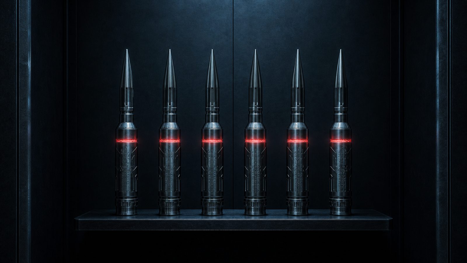Six mono-filament HEAP rounds stand in a rack on a dark shelf, soft red kill bands glowing along their etched casings.
