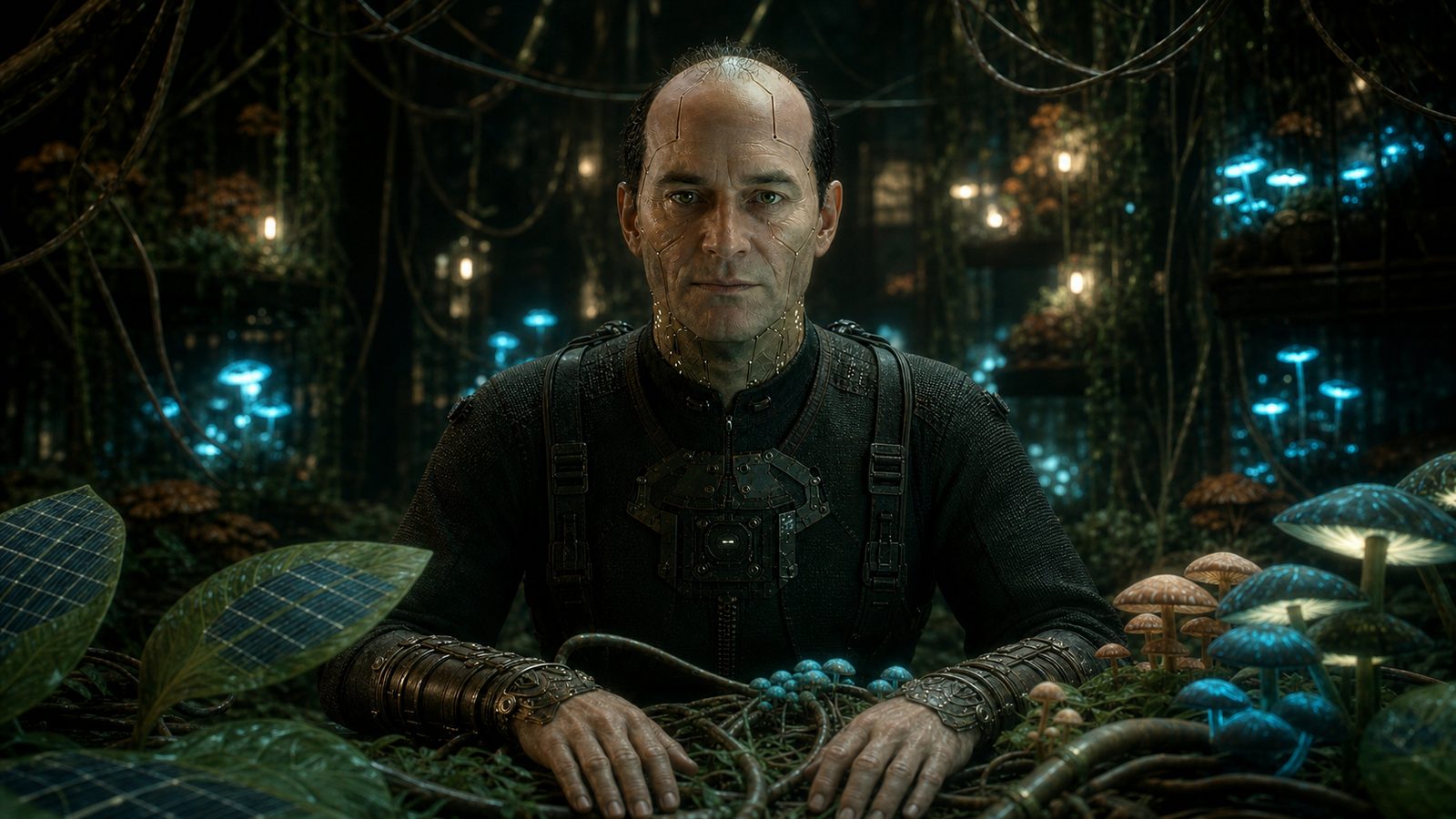 Jiff sits back among the glowing fungi with both worn hands in view, meeting the camera with a small, patient smile.