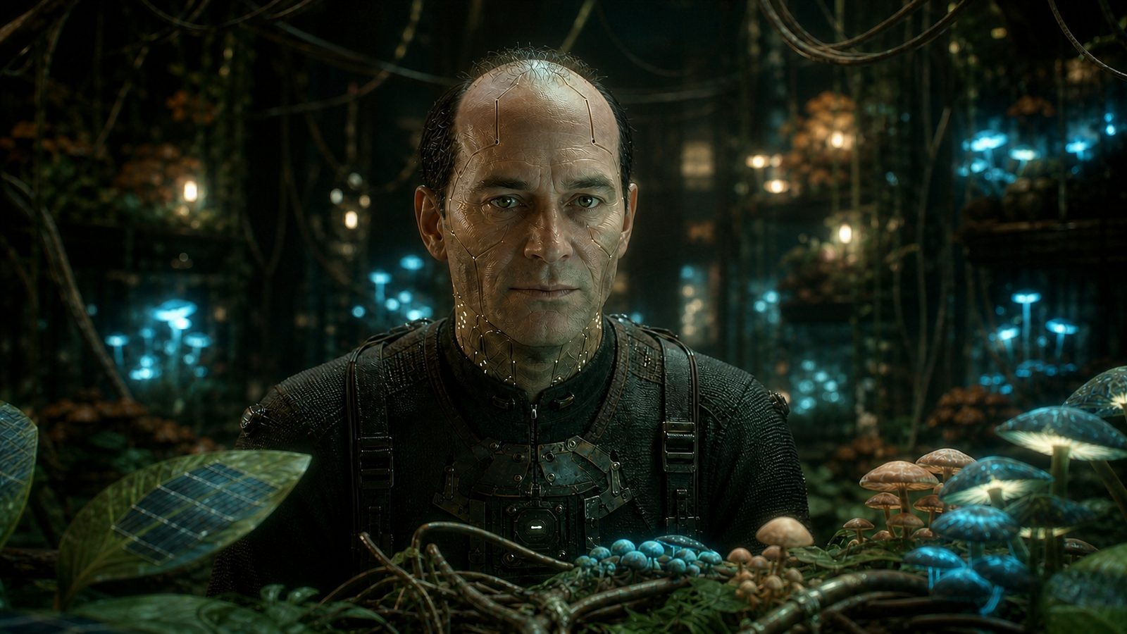 Jiff face on: a hairless, scar-seamed synthetic head above layered dark work gear, framed by the bioluminescent growth of his garden, listening.