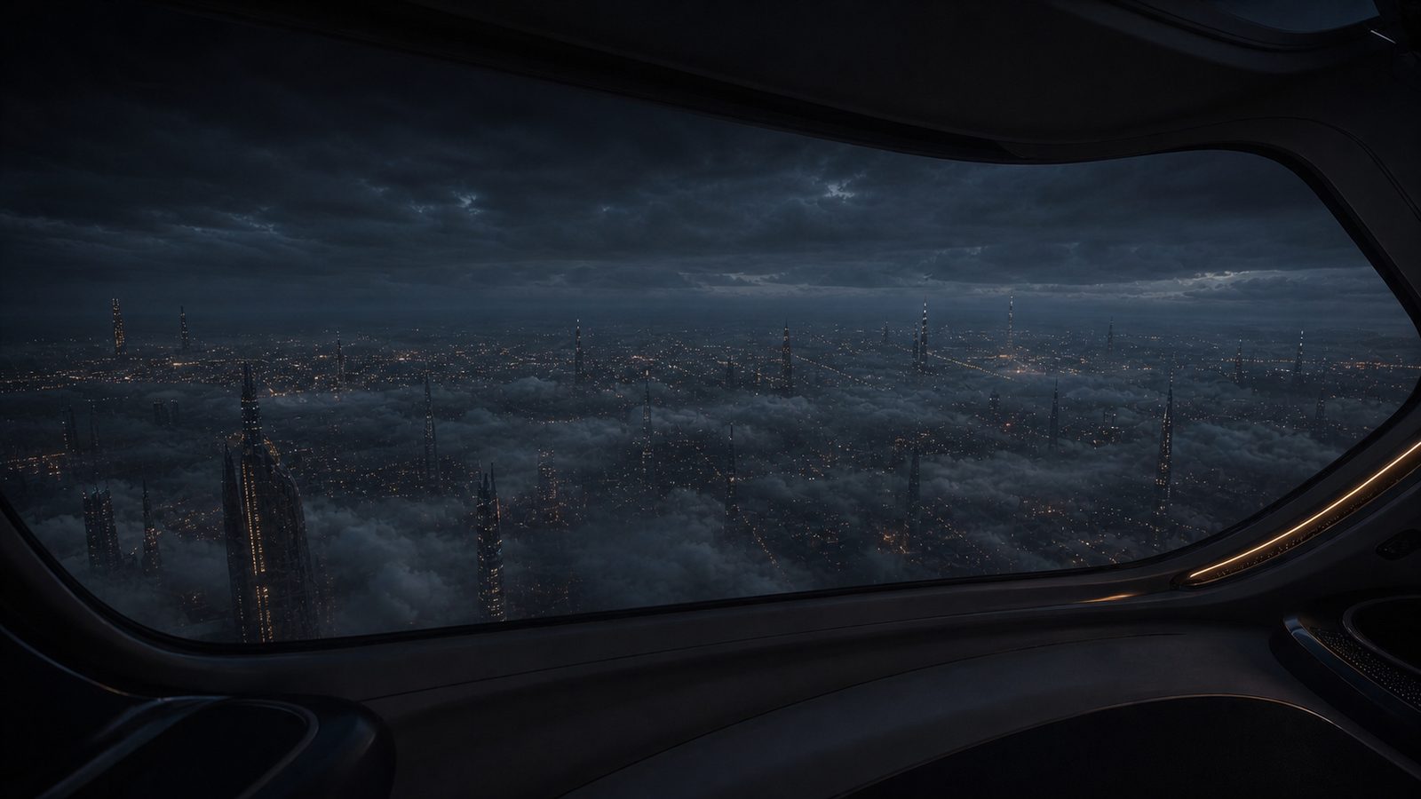 Through the dark curve of the lift glass: the night city far below, a haze of scattered light under heavy cloud, towers pricking through like filaments.