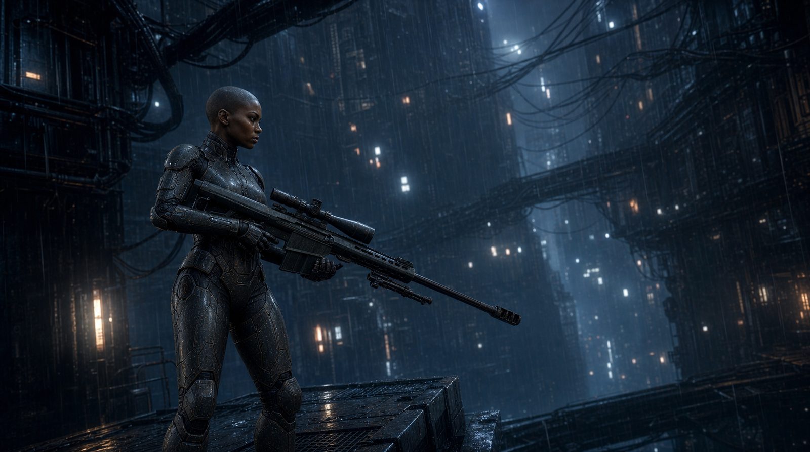 The weapon-self in full matte carapace stands with the long rifle held level, night rain and the scaffolded dark of the city behind her.
