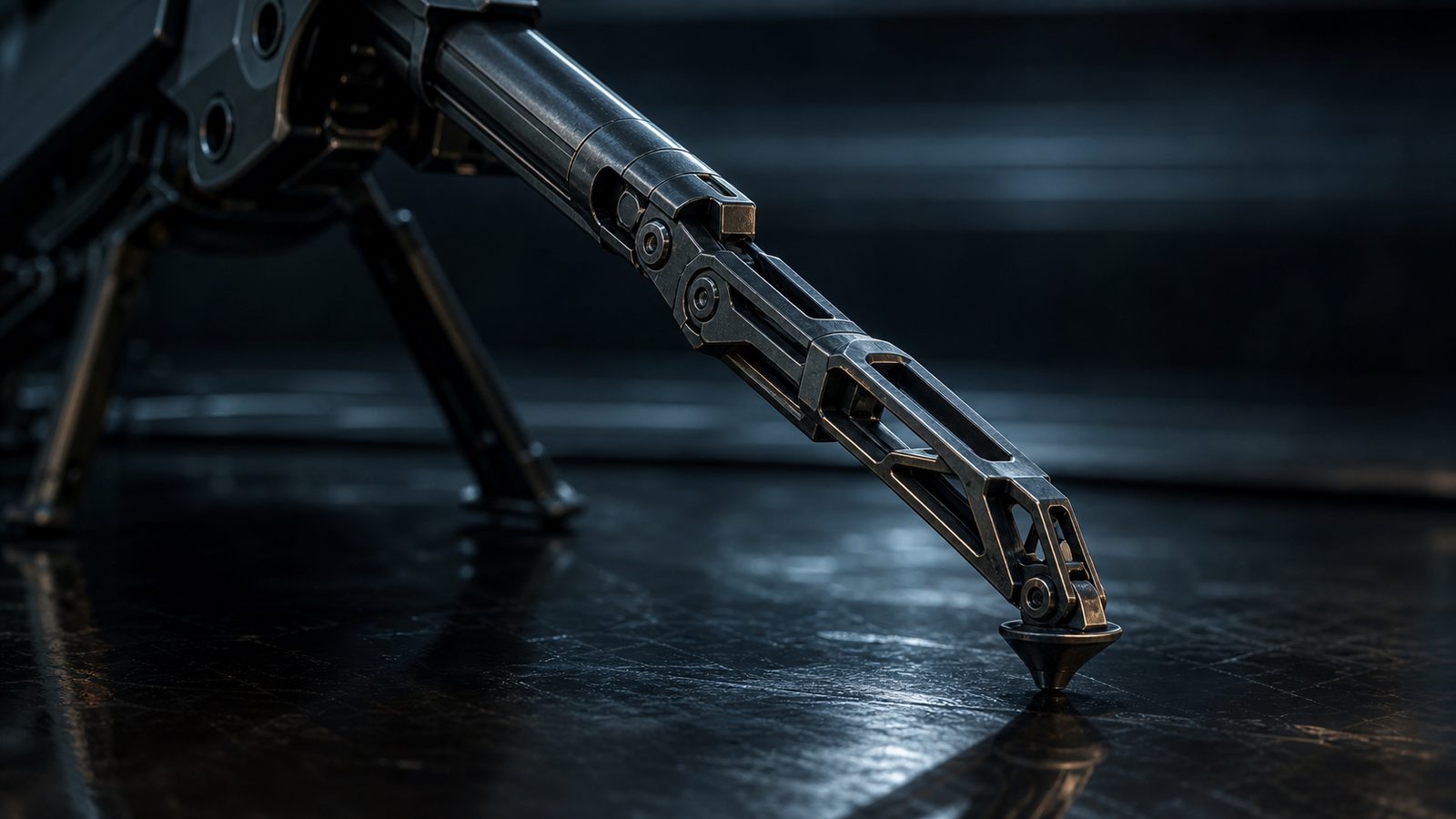 Macro of one tripod leg mid-unfold, joints and actuators articulated like an insect limb, its pointed foot meeting the dark floor.