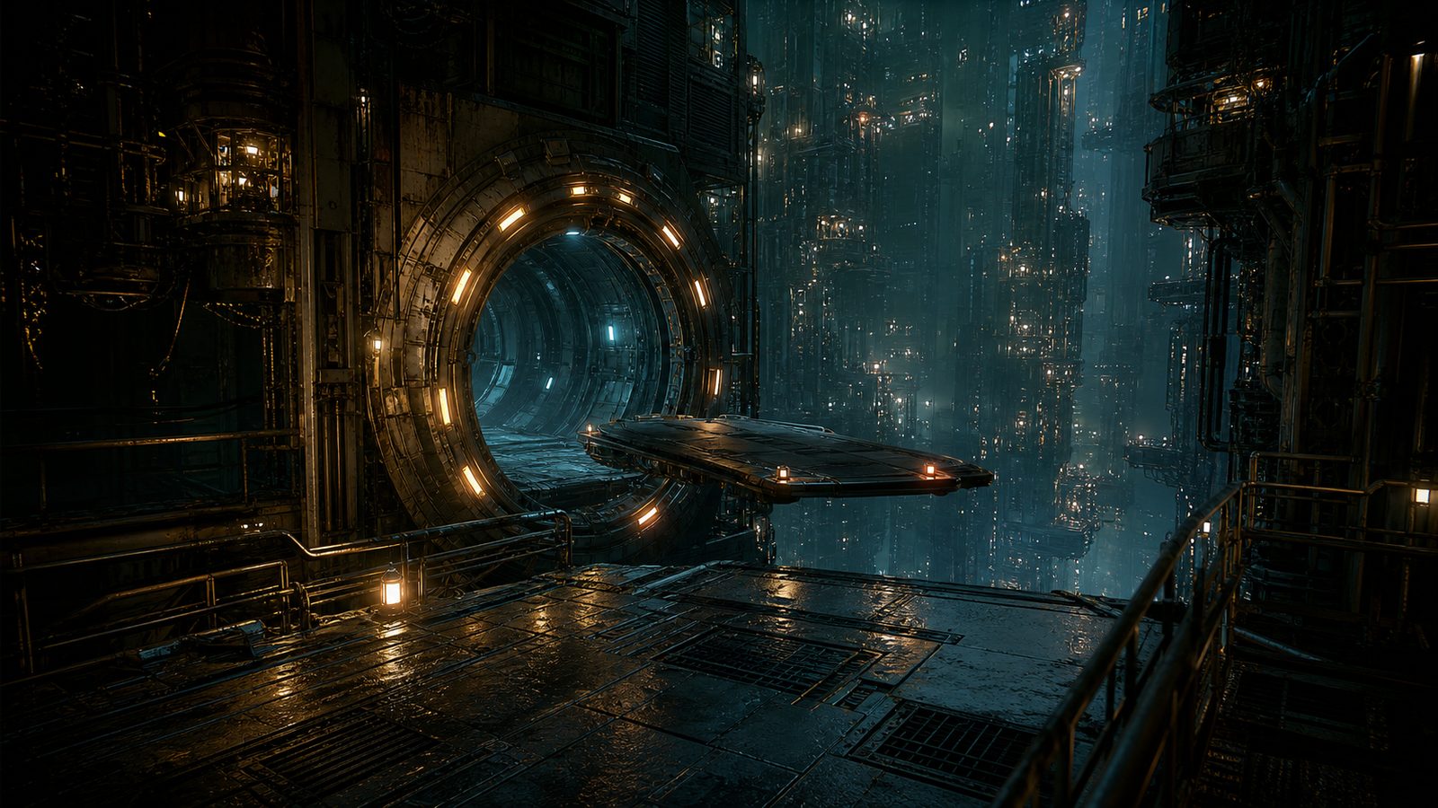 A huge circular tunnel mouth ringed with amber lamps is set into an industrial wall, a flat dark hover-slab projecting out of it over the drop, wet decking underfoot and the blue-lit depths of the city beyond.