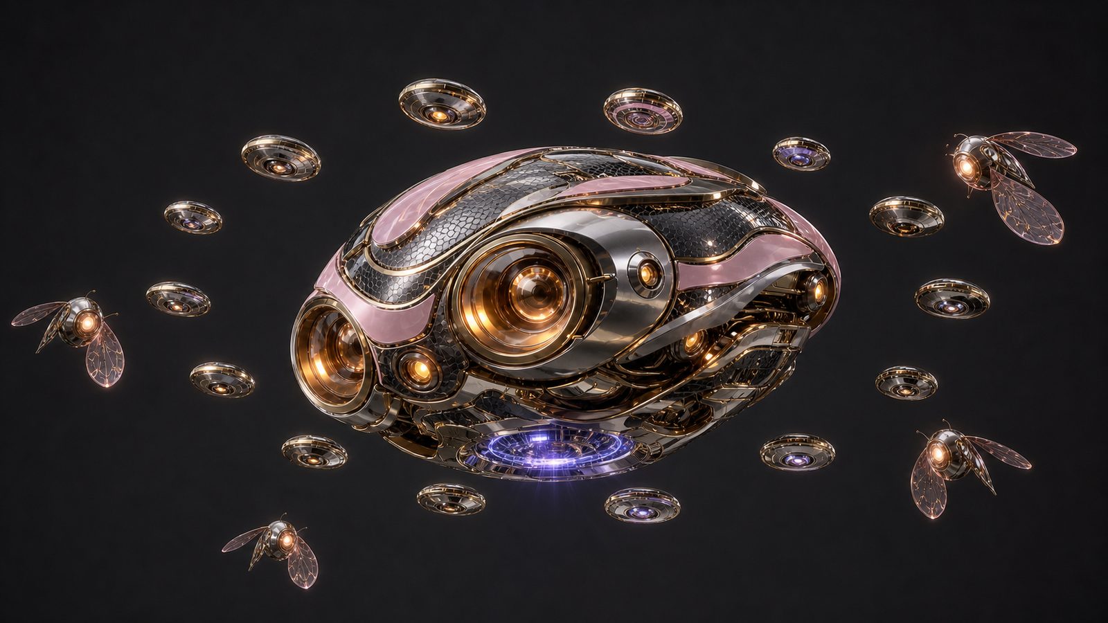 Honey's oval chassis on a dark ground with its pink shell panels drawn back to expose chrome and dark honeycomb, gold-ringed lenses lit amber and a violet drive-ring beneath, surrounded by coin-thin lens discs and winged drone units.