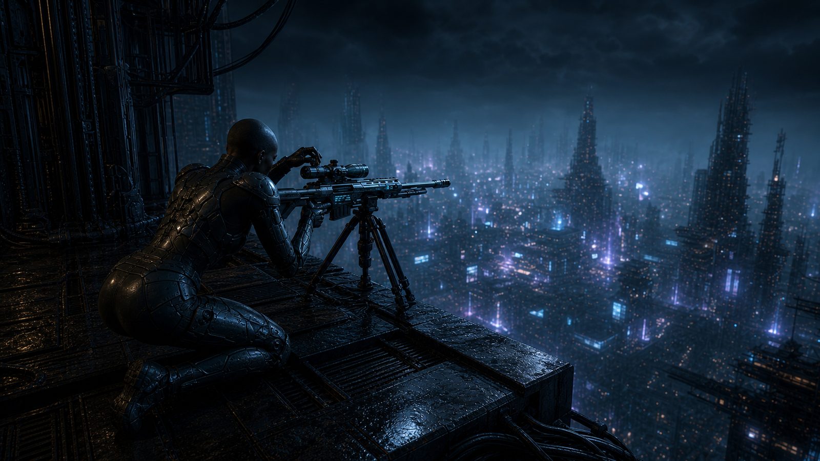 LUST kneels on one knee at the rooftop edge in segmented armour, one hand at the scope of a tripod-mounted rifle, the lit city far below in blues and violets.