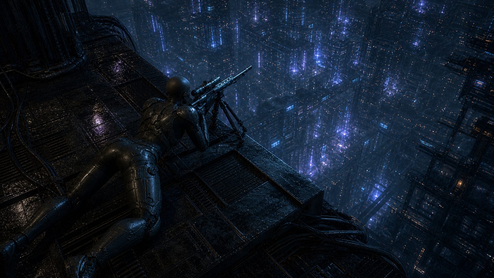 Seen from high above, LUST lies prone along a wet rooftop gantry with the rifle on its tripod pointing out over the edge, the city far below scattered with violet and blue columns of light.