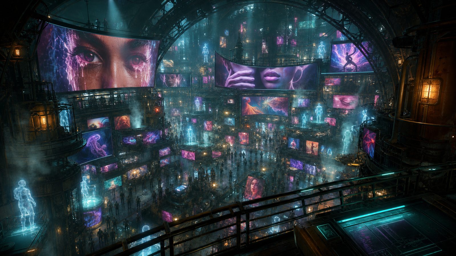 Looking down into a domed market hall from an upper tier: dozens of screens showing weeping eyes, lips and dancers, holographic figures standing on plinths, crowds moving across the floor below through teal light and vapour.