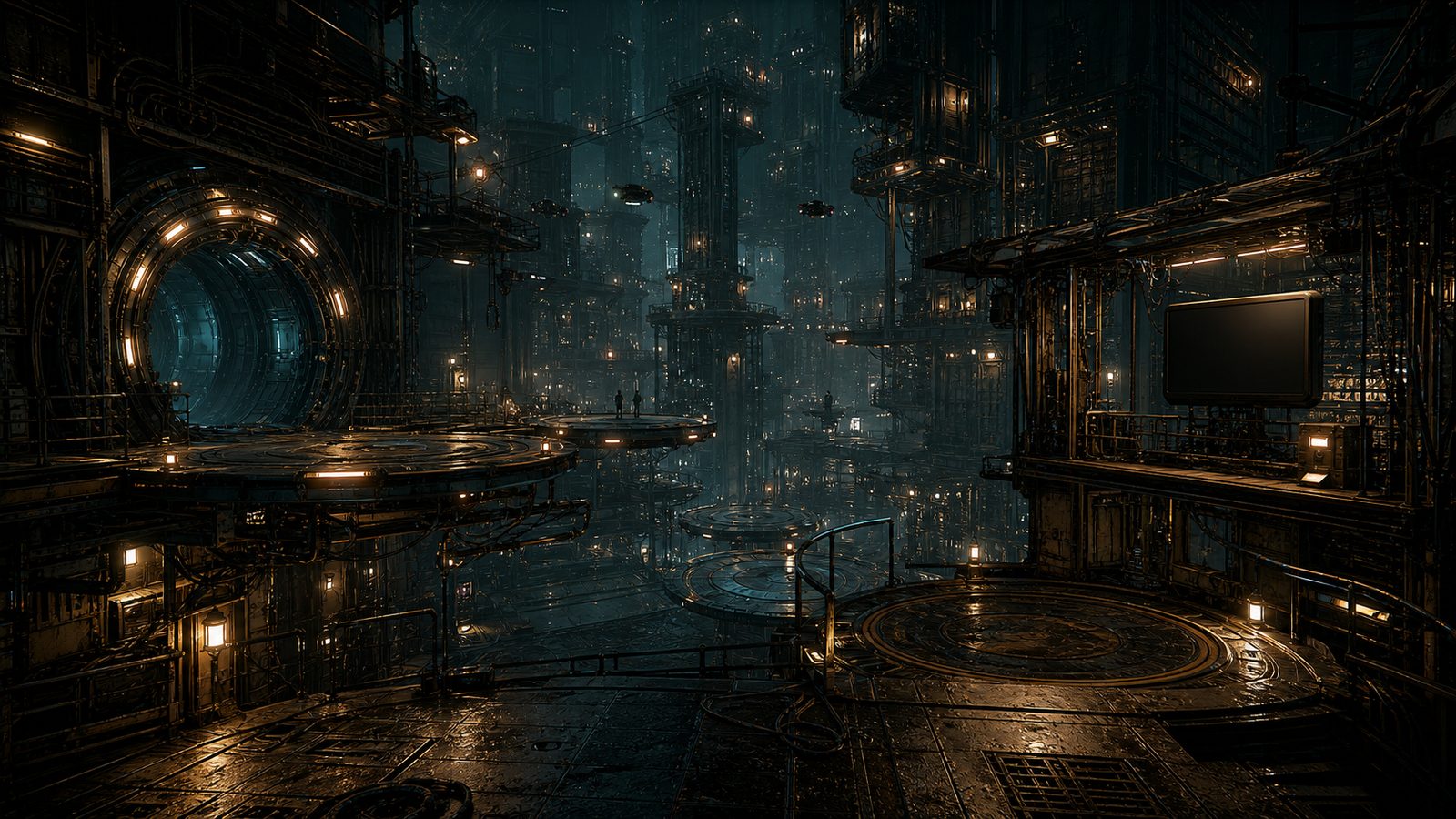 A nexus of circular transit pads stacked at several levels under amber lamps, another tunnel mouth at the left, two small figures standing on a central disc, and the dense blue-lit city receding behind them.