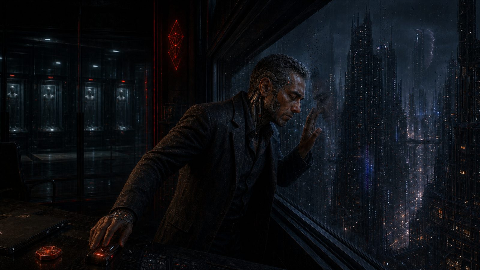 Jak leans against rain-streaked polyglass in profile, palm and forehead to the glass with his own reflection facing him, the towers of Rezo beyond, one hand still back on the desk beside the red relay and the replication cylinders glowing behind him.