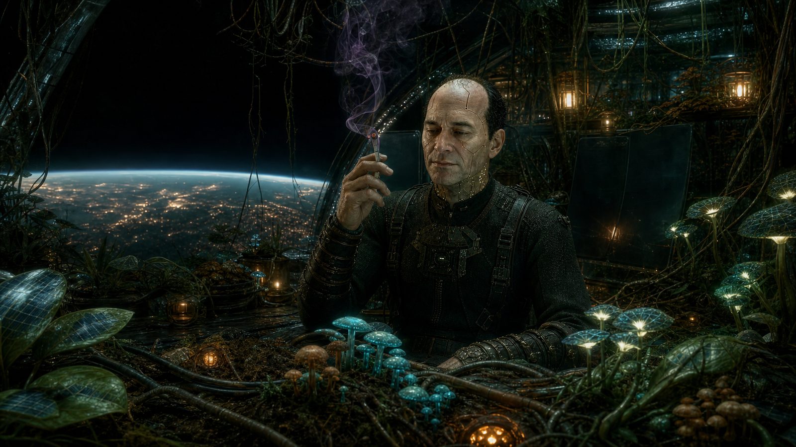 Jiff sits in his orbital den holding a lit joint with violet smoke curling upward, surrounded by glowing blue mushrooms, vines, cables and warm lanterns, the curved transparent wall behind him showing the planet's night side scattered with city light.