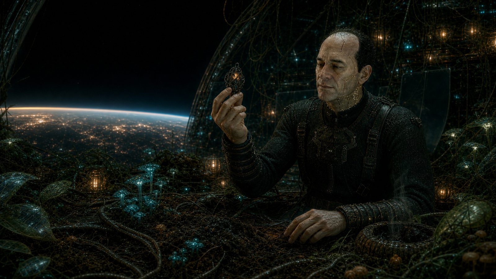 Jiff holds a small dark filigree node up between finger and thumb, studying it, his other hand resting in a soil bed of glowing blue growths, the curve of the planet visible through the wall behind him.