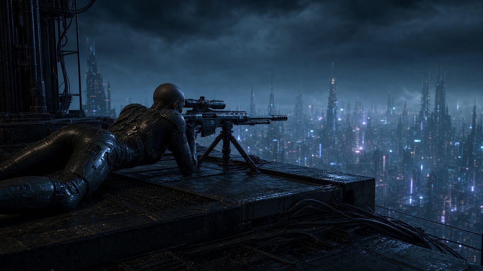 LUST prone in side profile on the wet rooftop, cheek to the scope of the tripod-mounted rifle, the pale-lit spires of the city stretching away to a heavy horizon.