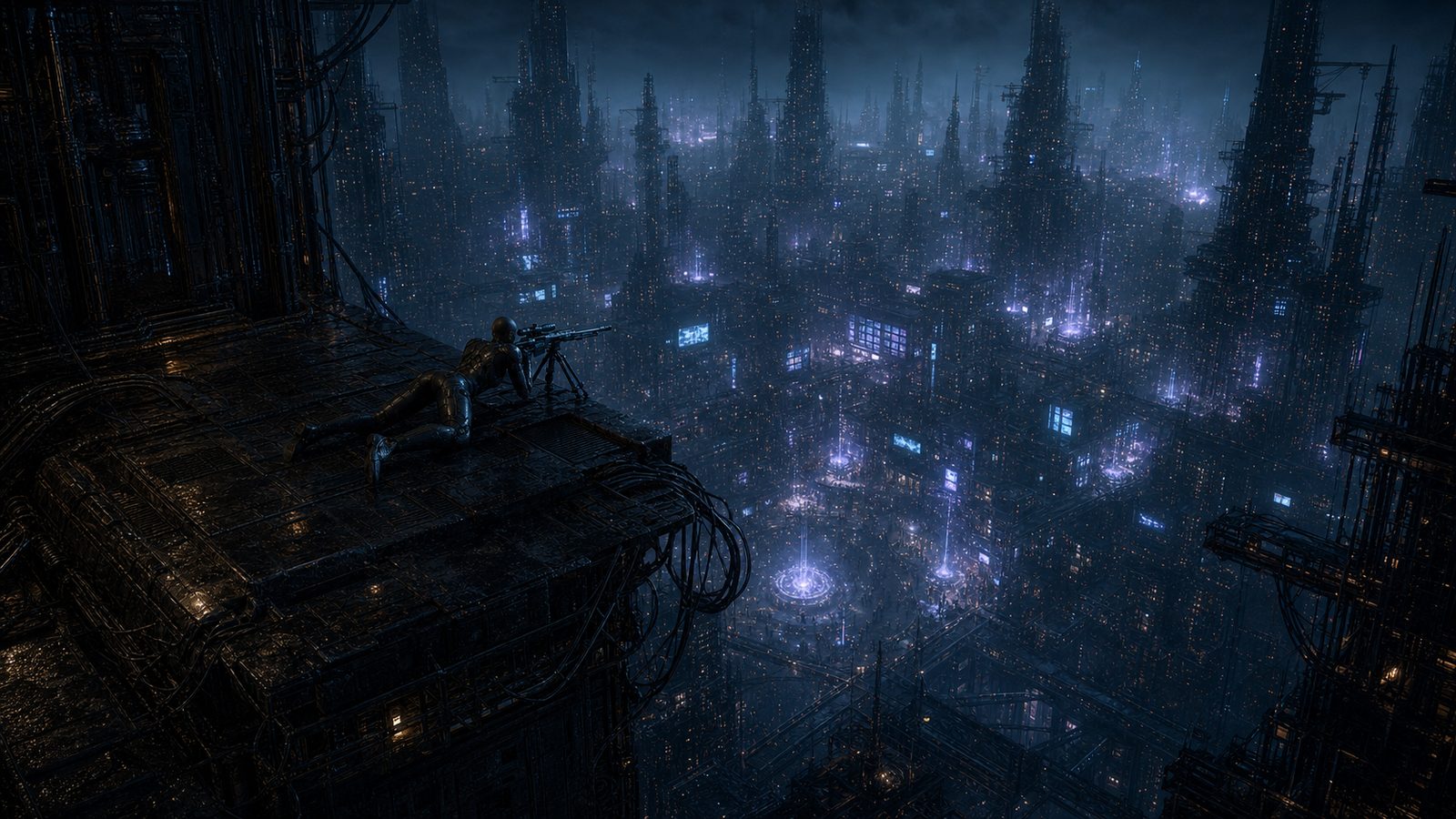 A distant view across the city: LUST lies prone on a dark rooftop slab at the left of frame, small against a vast field of towers, plazas and violet columns of light receding into haze.