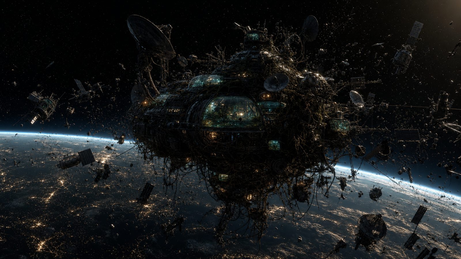 The station seen whole from outside: a knot of domes, dishes, cabling and lit greenhouse bubbles drifting in a wide halo of dead satellites and debris above the planet's lit night side.