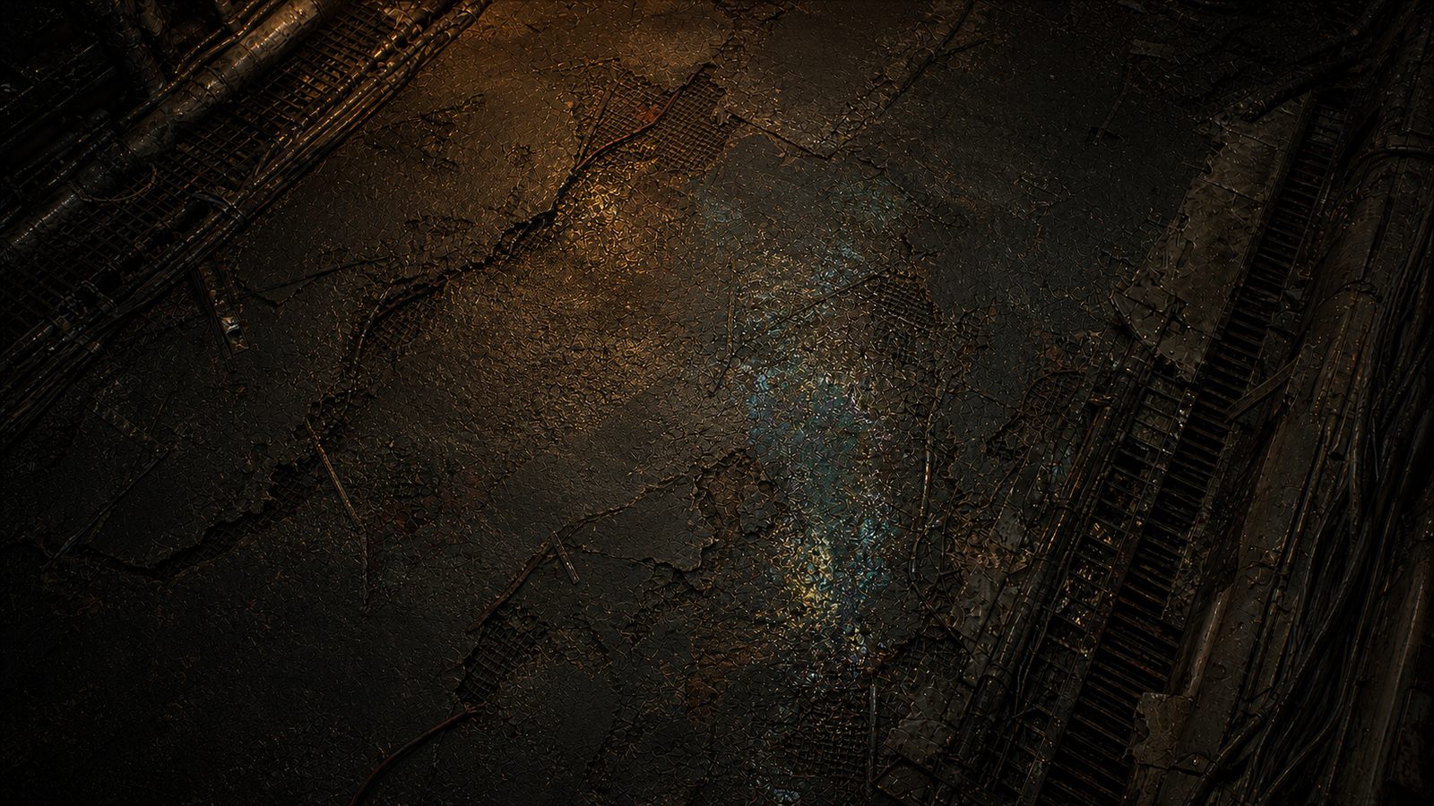 Looking down at a cracked floor of dark cellular matting, split and patched with mesh, a pale blue-green bloom of bio-yeast spreading through the split down its middle.