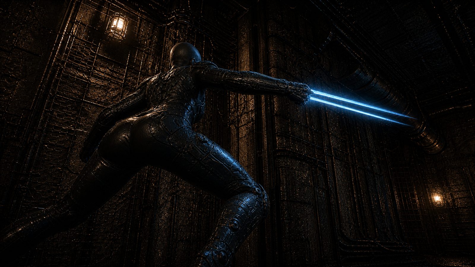 Seen from low and behind, the armoured figure crouches braced in a dark corridor with twin blue vibro-blades extended from one gauntlet, the blades the only bright thing in the frame.
