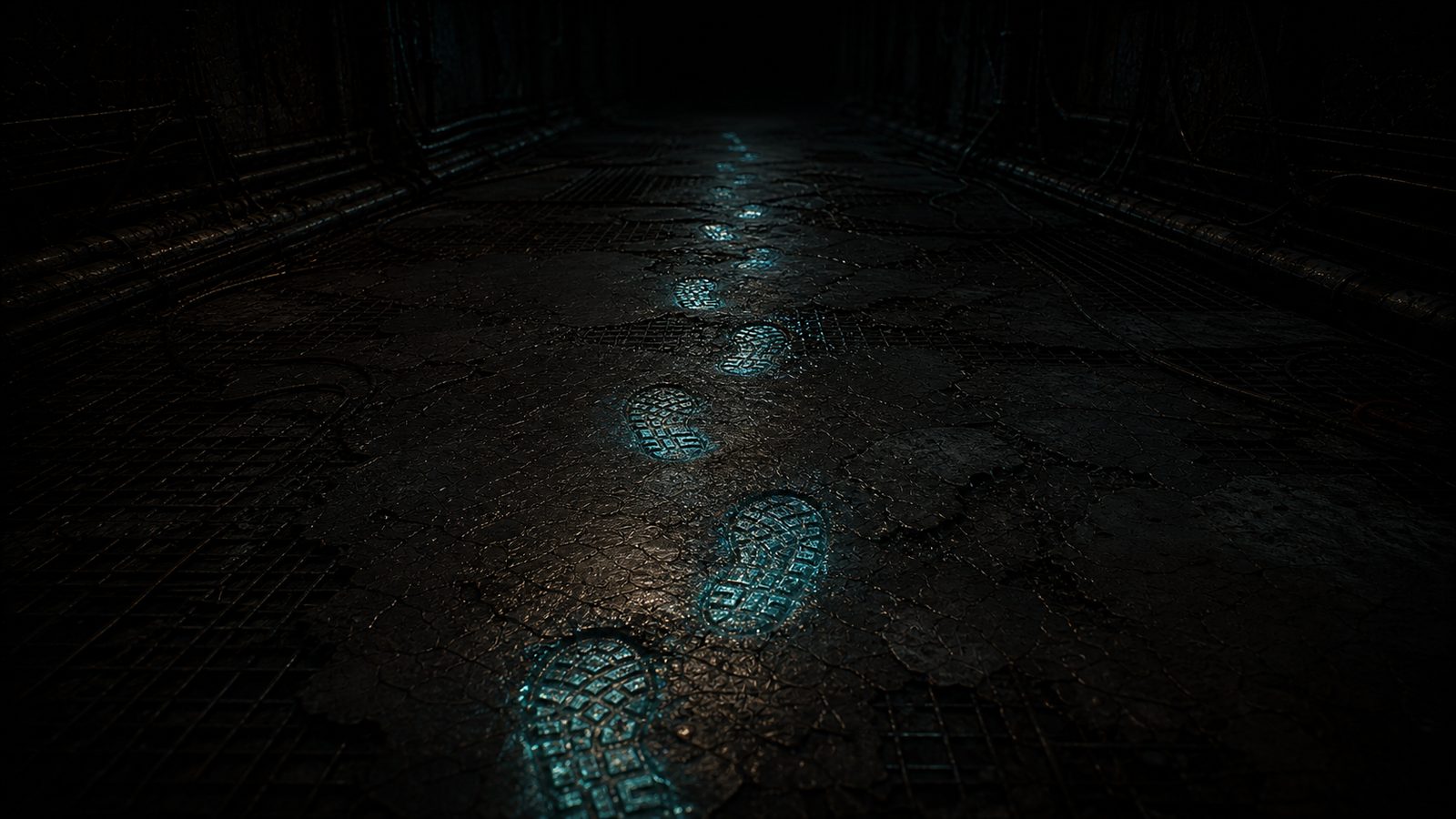 A line of glowing blue-green bootprints leads away down a dark cracked floor, each tread mark burning in the bio-yeast slick and fading toward the darkness ahead.