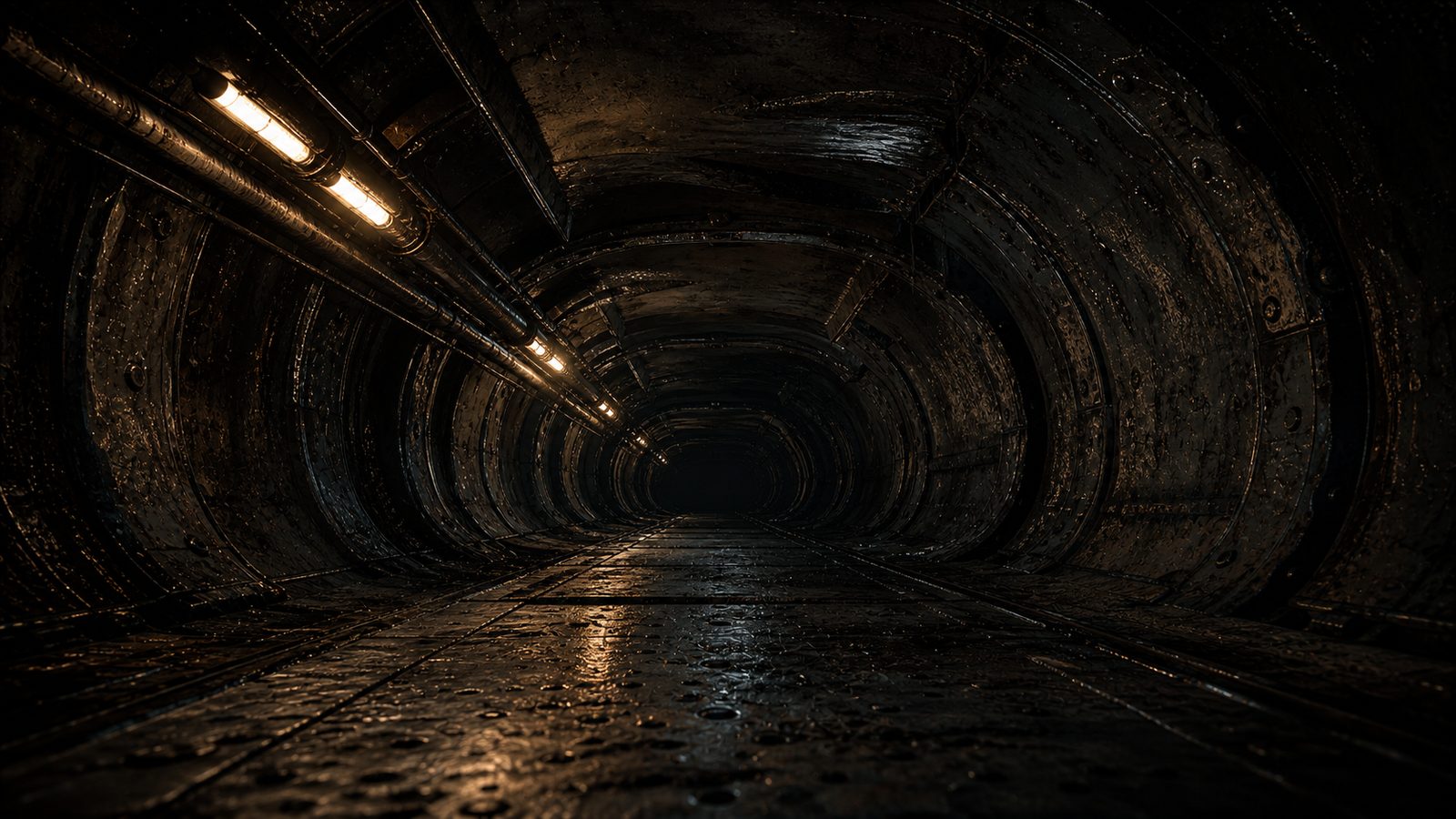 A circular drainage duct lined with riveted plate, two strip lamps burning along its left wall, the wet ribbed floor throwing back a thin line of light before the tunnel closes into darkness.