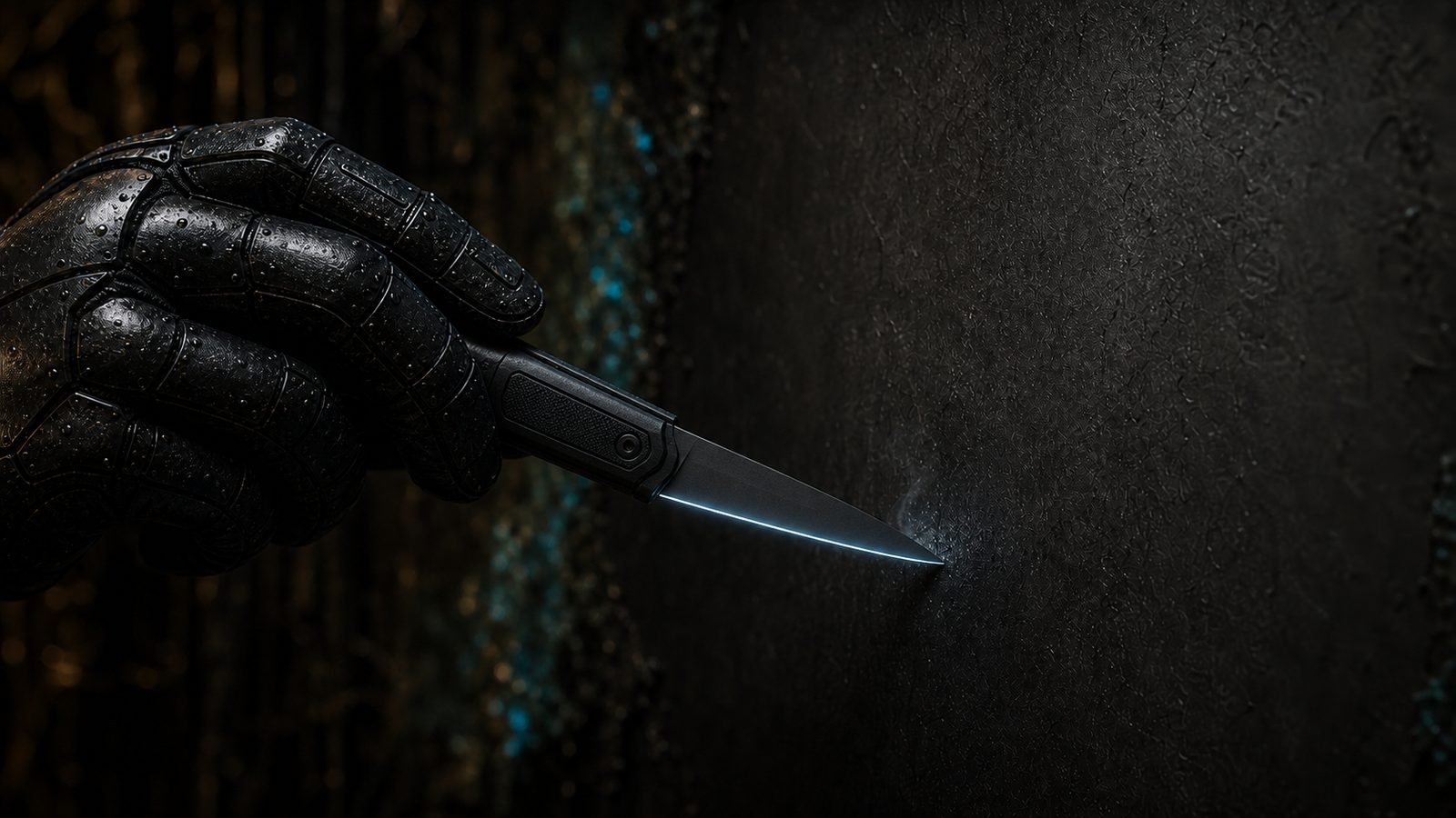 A close view of an armoured black glove holding a vibro-knife, its edge lit pale blue where the point meets a dark textured wall, flecks of teal bioluminescence scattered behind.