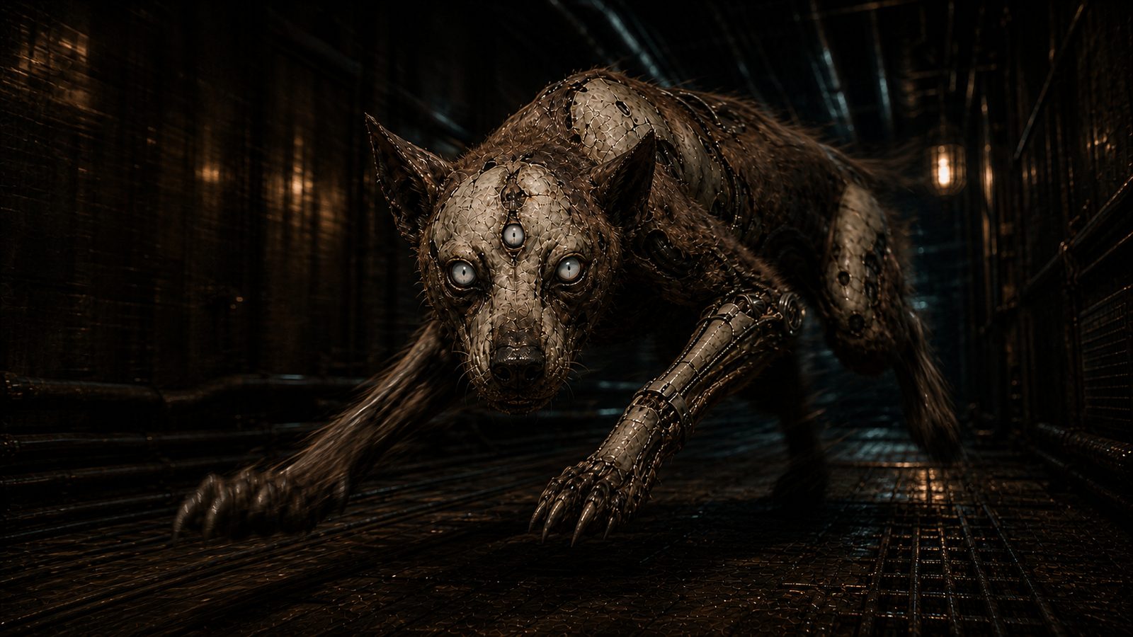 A feral synth-hound charges low down a dark corridor, its scaled plating and matted fur caught mid-stride, three pale eyes fixed forward and its clawed forelimbs reaching.