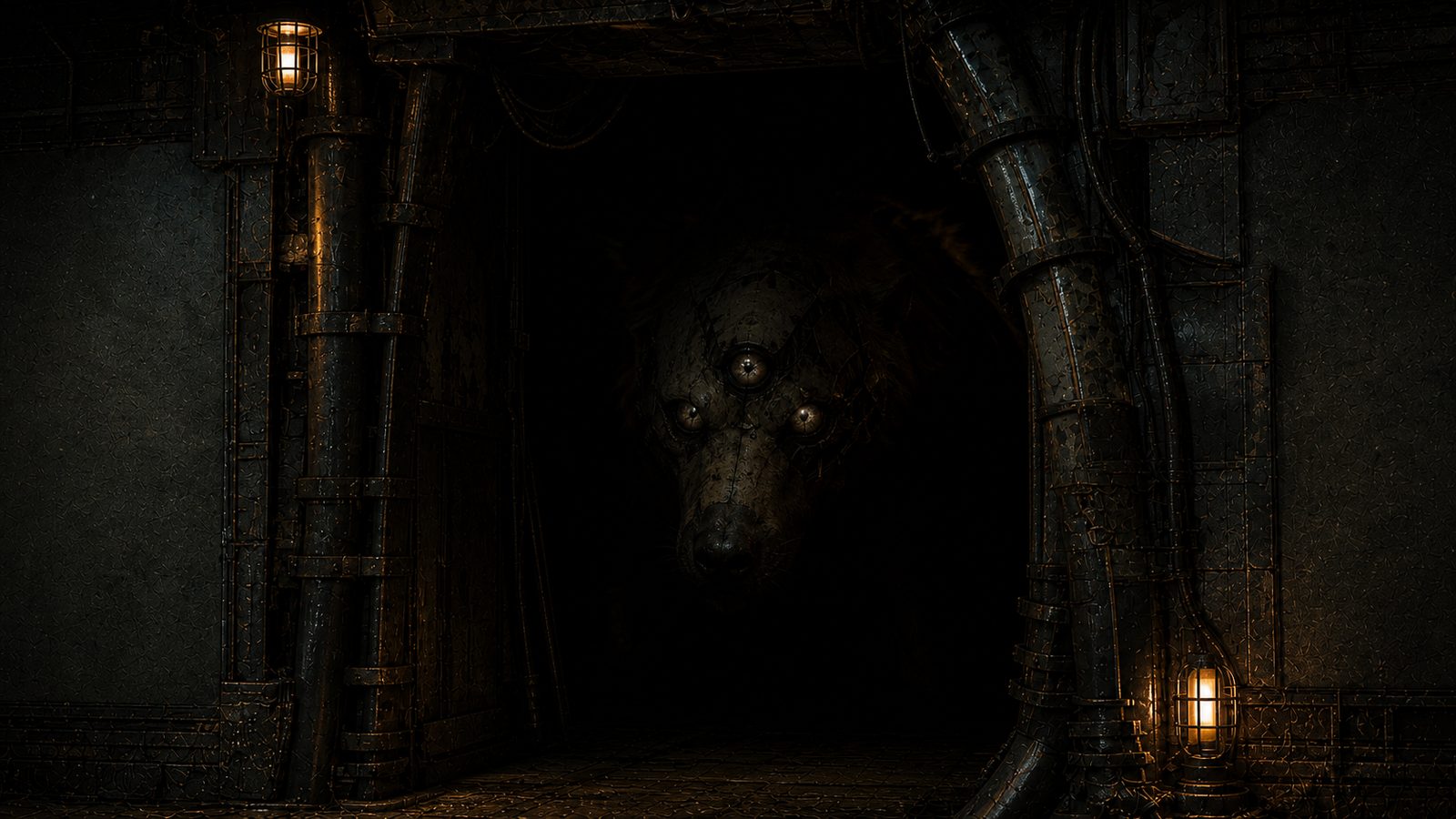 Framed in a lamplit archway, the head of a scaled hound hangs in total darkness, three pale eyes set in a triangle above its muzzle catching the light.