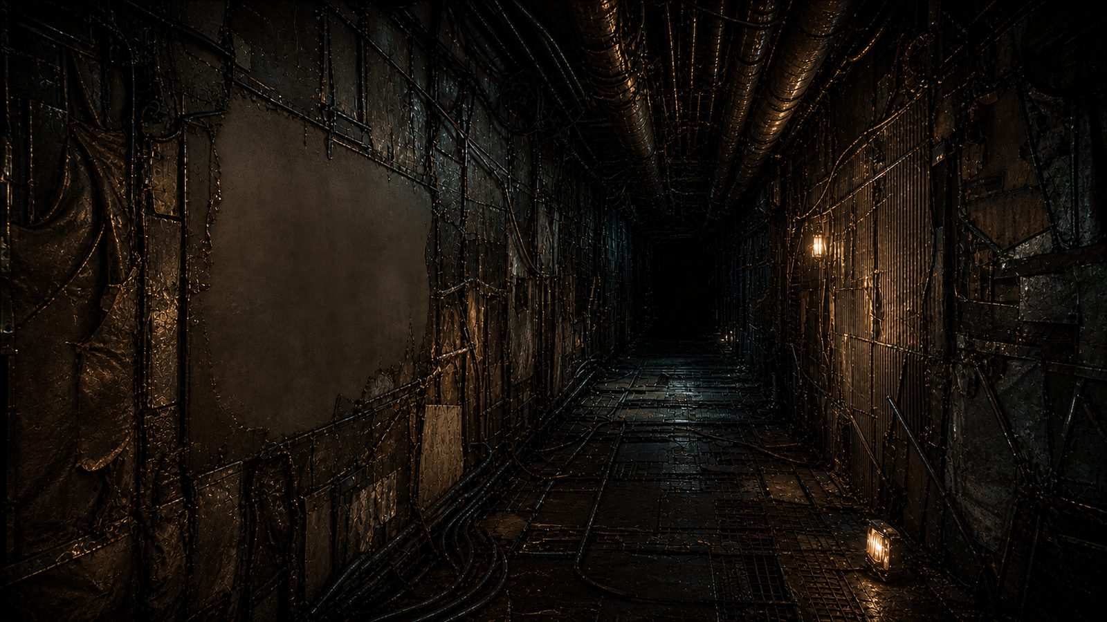 A narrowing scavenger corridor of patched and lashed panelling, cabling strung along both walls, two caged lanterns burning low on the right and the passage shrinking into darkness ahead.