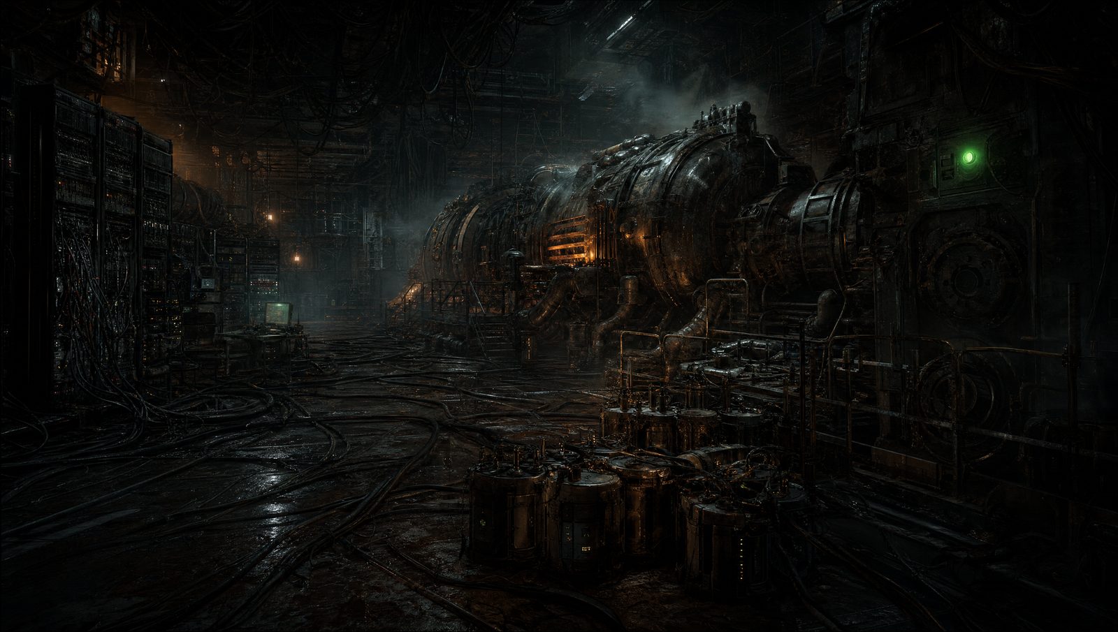 A cavernous generator hall: a huge riveted turbine assembly runs away into steam and darkness, its innards glowing orange, with gutted server racks to the left, cable-veins snaking across the wet floor and a single green status light on the right-hand wall.