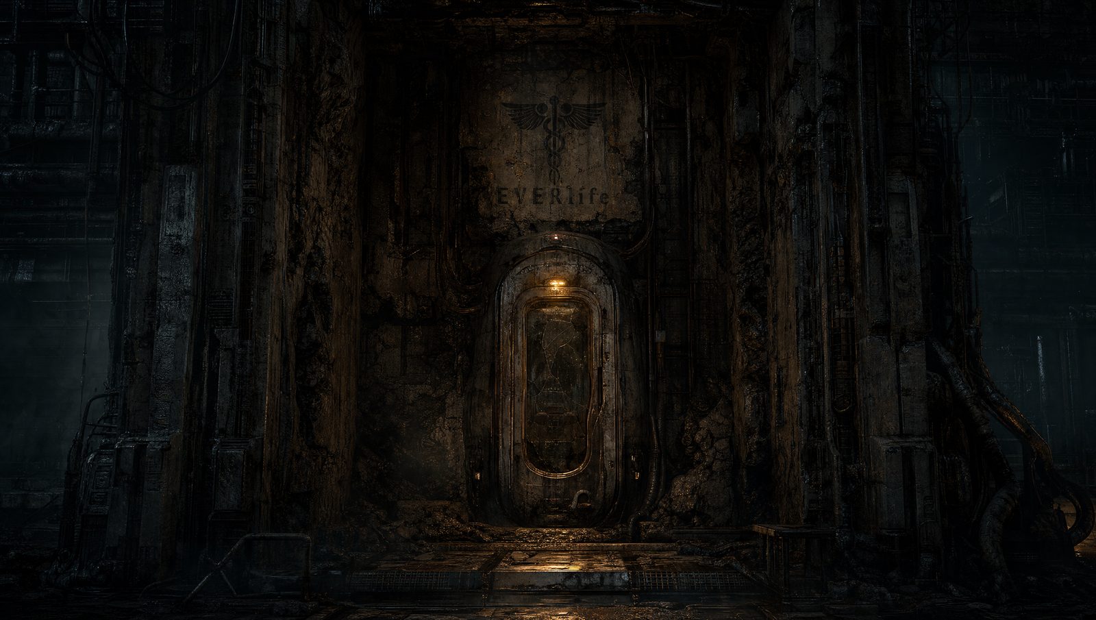 A regen pod set into a wall alcove deep in the Vaults, its oval door cracked and grimed, a winged caduceus and the word EVERlife stencilled on the stone above it, one weak amber status light burning over the frame.