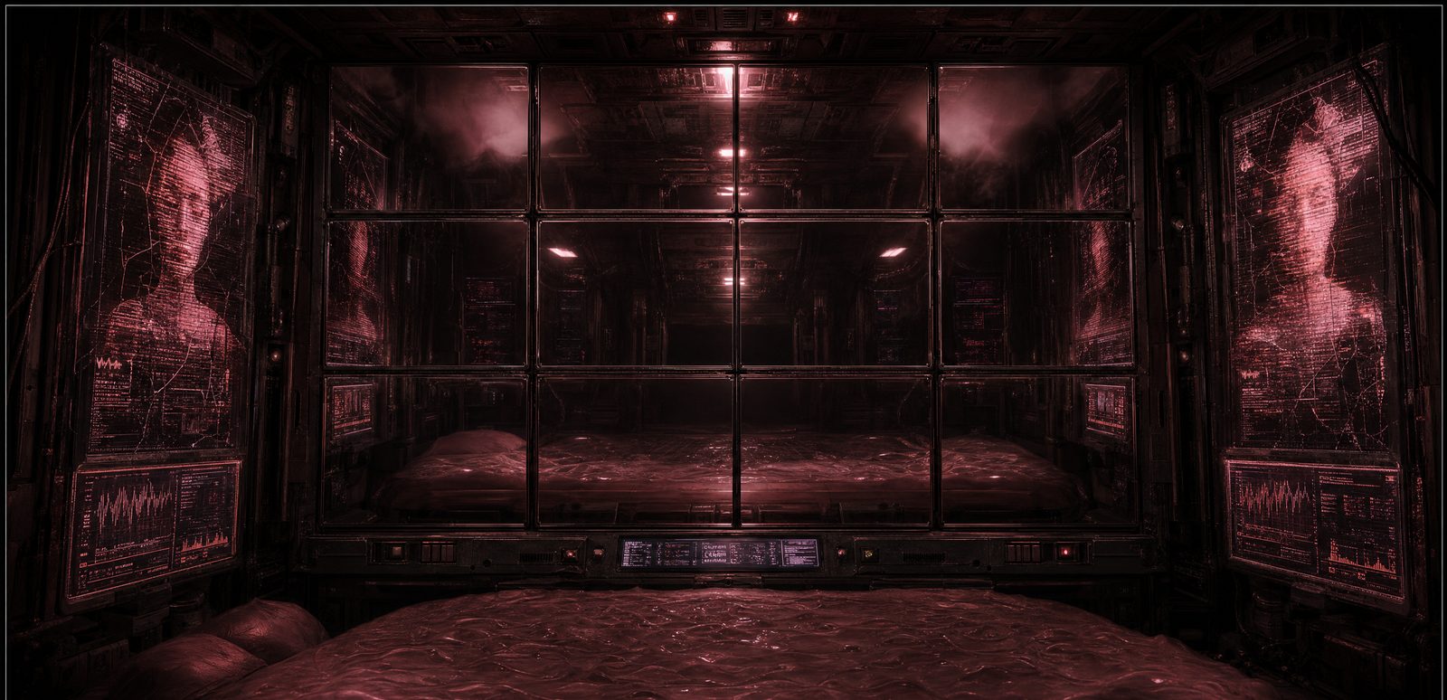 The inside of the regen pod, empty: a twelve-panel grid of cracked glass across the far wall lit rose-red, diagnostic readouts glowing on the side panels, and a soft gel-bed filling the foreground.