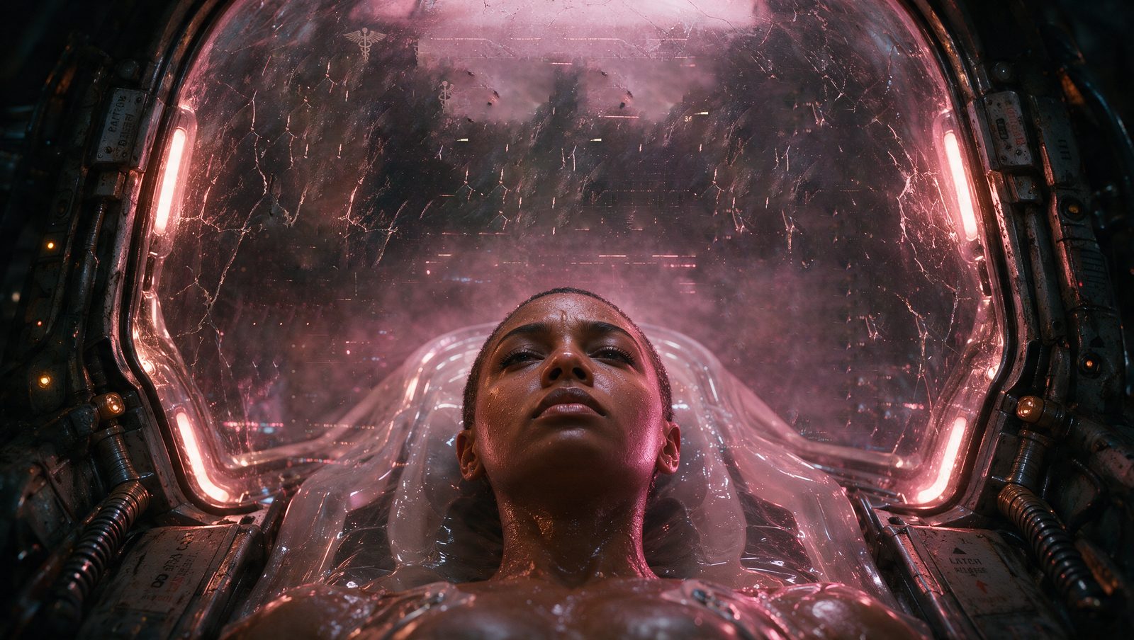 Gwen lies back in the regen pod beneath its cracked canopy, submerged to the chest in clear gel under rose light, eyes closed and face slack, a faint caduceus etched in the glass above her.