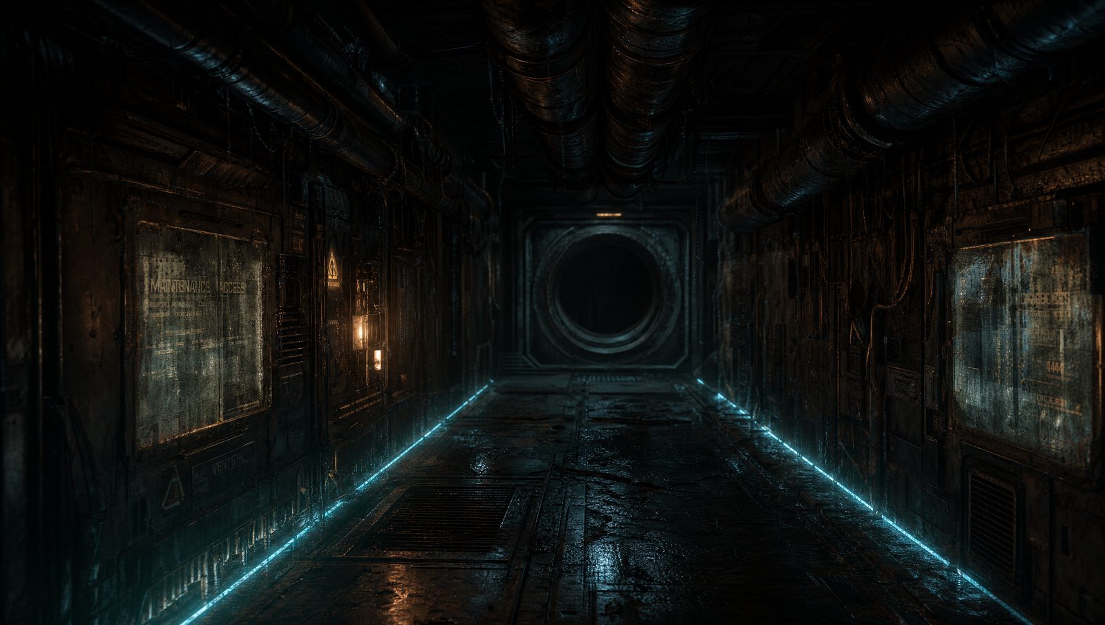 A service corridor running to a dark circular hatch, twin strips of scavenged blue tape-light laid along the floor edges, stencilled maintenance panels and one warm lamp burning on the left wall.
