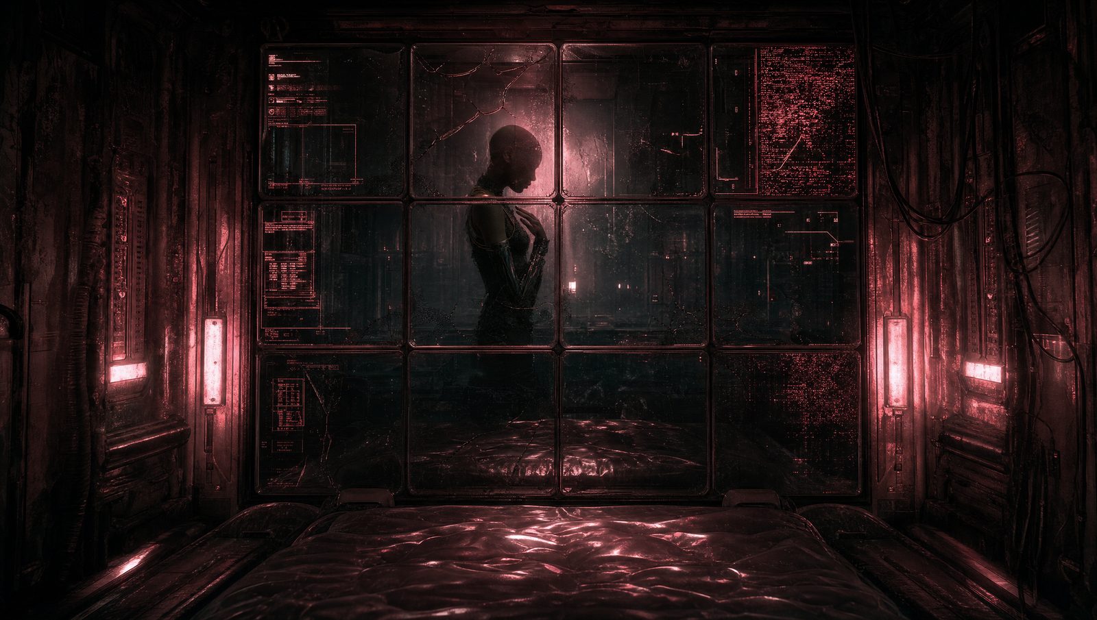 Inside the pod, a shaved-headed figure stands in profile behind the cracked twelve-panel glass, head bowed and one hand raised to her chest, the grid splitting her into separate panes under rose light.