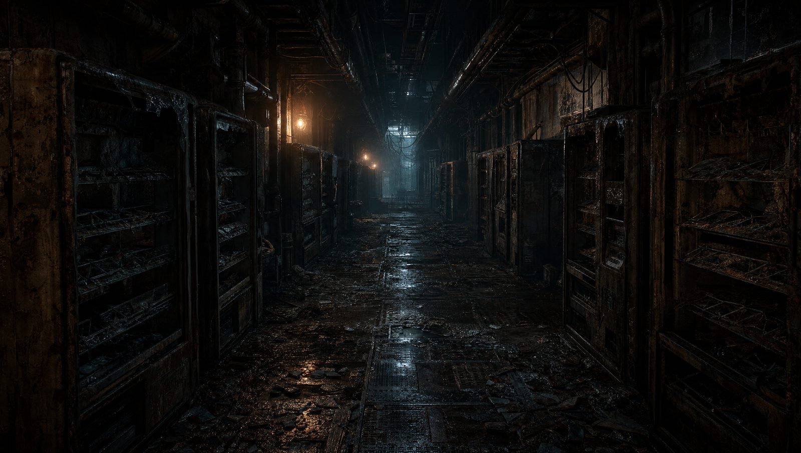 A narrow corridor walled on both sides with stripped and rusted vending units, their shelves empty and doors hanging open, debris scattered across the wet floor and two small lamps burning far down the passage.