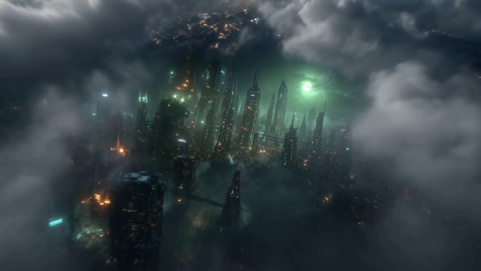 The descent punches through the cloud deck: the first towers of Rezo Thorn come up through the murk, window lights and a pale green glow bleeding into the cloud.
