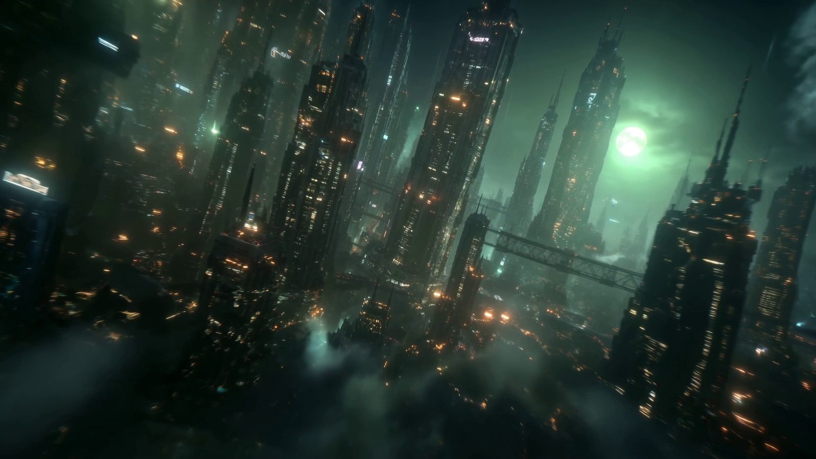 Below the overcast: spires of the upper city under a pale green light, bridge spans threading between the towers, cloud still pooled beneath them.