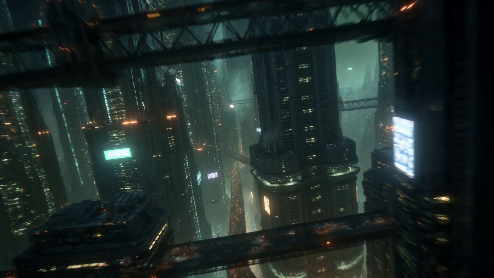 Deep in the city: crossing girder spans frame a canyon of towers, advertising screens glowing in the dark and a river of traffic light far below.