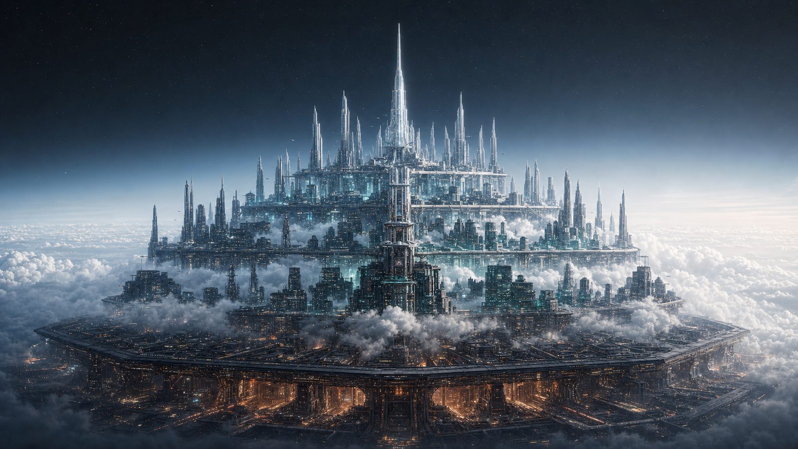 Rezo Thorn seen from outside: a vast stepped octagonal megacity rising through a cloud sea, a field of separate towers above the cloud and a single central spire tapering to the Thorn.