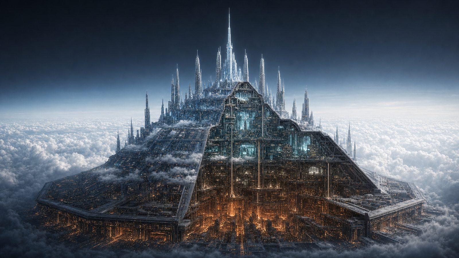 Cutaway section of Rezo Thorn: fragmented nested arcologies deep in the Vaults, dense Midtown bands above them, and the central Spine continuing up through Rezo Heights to the Apex taper.