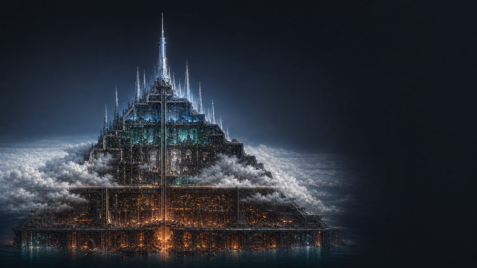 Vertical hero view of Rezo Thorn showing its strata: a warm-lit industrial base, dense stepped mid bands wrapped in cloud, and the pale spire of the Thorn rising clear at the top.