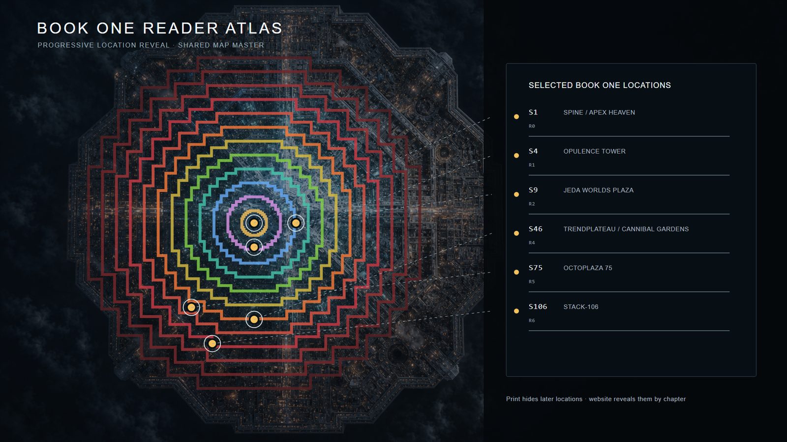 Top-down reader atlas of Rezo Thorn for Book One: ring bands over the stepped octagonal footprint, with public districts marked and a legend to the right.