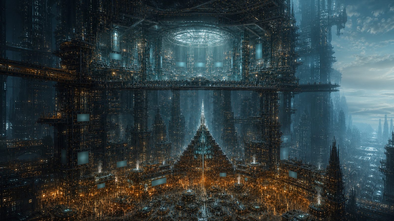 Sectional view of the Trendplateau district: the Lost Level civic ground and Kill Zone with its broken theatre spire below, and the brighter Exchange chamber suspended higher in Upper Midtown.